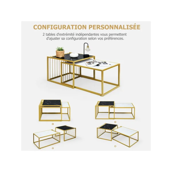 Lot de 2 Tables Basses Gigognes Surface Blanche et Noir Marbre Artificiel Réaliste Moderne Structure en Métal Doré