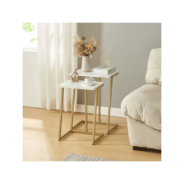 Lot de 2 Tables Basses Gigognes Table basse Dorée Effet Marbre Table de Salon