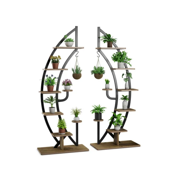 (Lot de 2) Étagère Plantes Métal Noir et Bois 7 Niveaux Support Plantes Design Support Pots de Fleurs Etagère Demi Lune