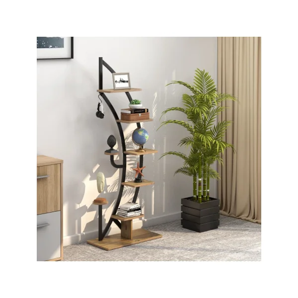 (Lot de 2) Étagère Plantes Métal Noir et Bois 7 Niveaux Support Plantes Design Support Pots de Fleurs Etagère Demi Lune