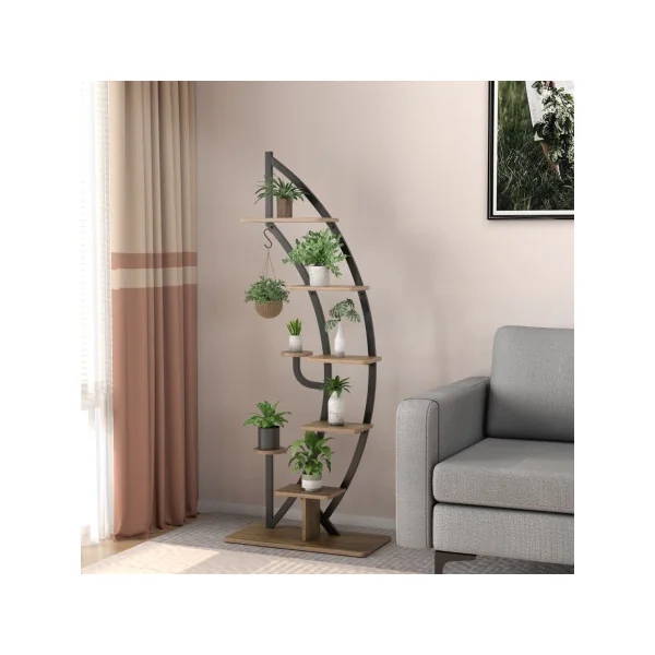(Lot de 2) Étagère Plantes Métal Noir et Bois 7 Niveaux Support Plantes Design Support Pots de Fleurs Etagère Demi Lune