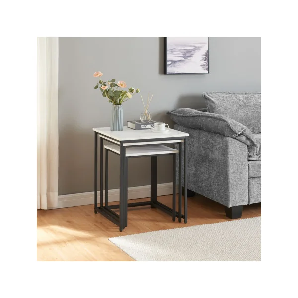 Lot de 3 Tables Gigognes Surface Blanc Marbre Artificiel Table Basse de Salon Carré Structure en Métal Noir