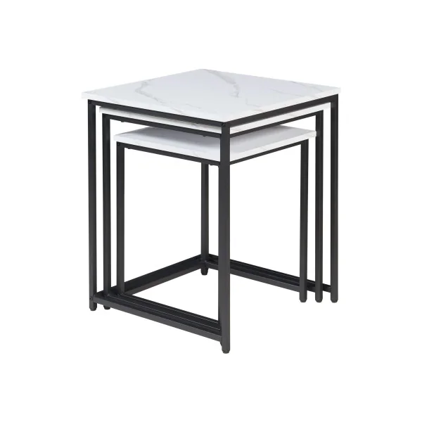 Lot de 3 Tables Gigognes Surface Blanc Marbre Artificiel Table Basse de Salon Carré Structure en Métal Noir