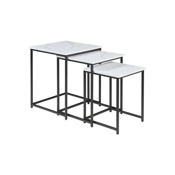 Lot de 3 Tables Gigognes Surface Blanc Marbre Artificiel Table Basse de Salon Carré Structure en Métal Noir