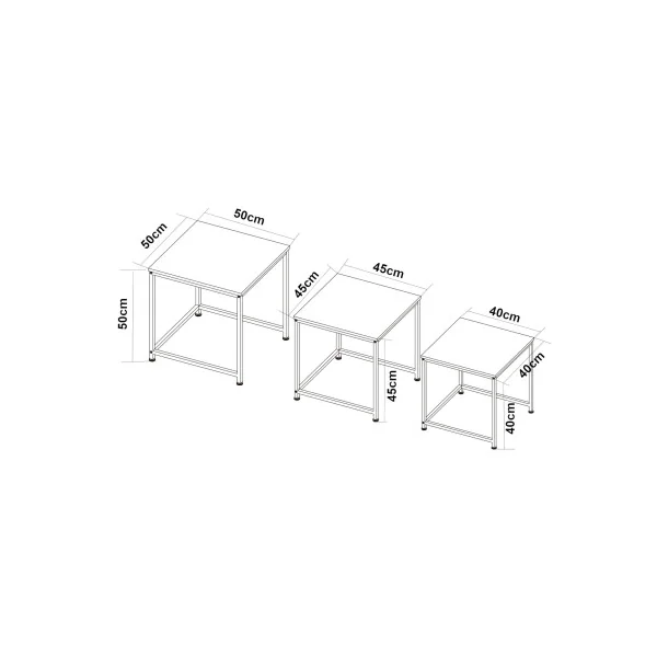 Lot de 3 Tables Gigognes Surface Blanc Marbre Artificiel Table Basse de Salon Carré Structure en Métal Noir