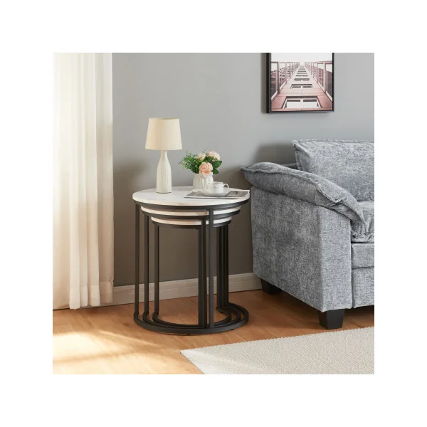 Lot de 3 Tables Gigognes Surface Blanc Marbré Table Basse de Salon Ronde Structure en Métal Noir