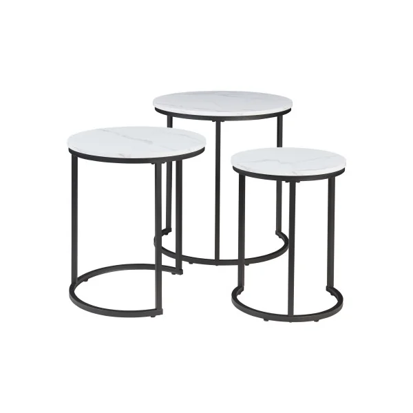Lot de 3 Tables Gigognes Surface Blanc Marbré Table Basse de Salon Ronde Structure en Métal Noir