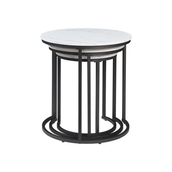 Lot de 3 Tables Gigognes Surface Blanc Marbré Table Basse de Salon Ronde Structure en Métal Noir