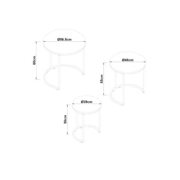 Lot de 3 Tables Gigognes Surface Blanc Marbré Table Basse de Salon Ronde Structure en Métal Noir