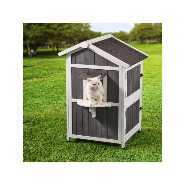 Maison Cabane Chat Niche en Bois pour Chat Abri Chat 2 Étages Porte Rabattable