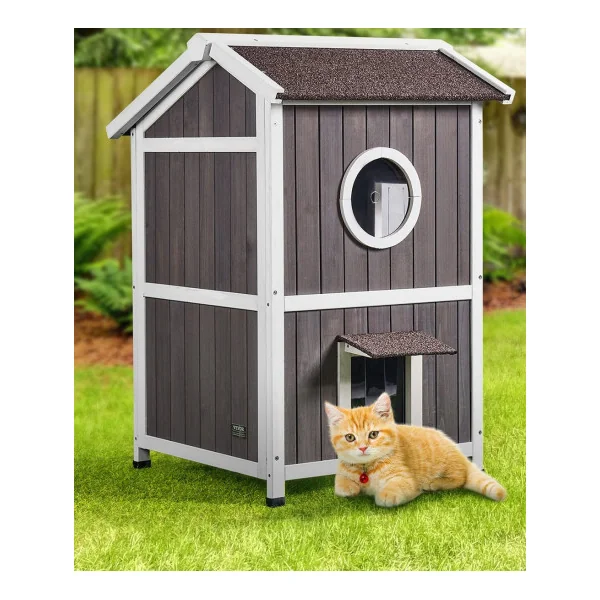 Maison Cabane Chat Niche en Bois pour Chat Abri Chat 2 Étages Porte Rabattable