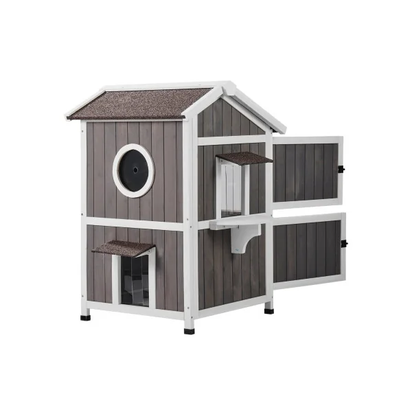 Maison Cabane Chat Niche en Bois pour Chat Abri Chat 2 Étages Porte Rabattable