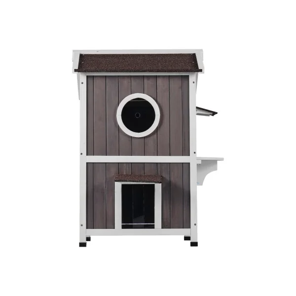 Maison Cabane Chat Niche en Bois pour Chat Abri Chat 2 Étages Porte Rabattable