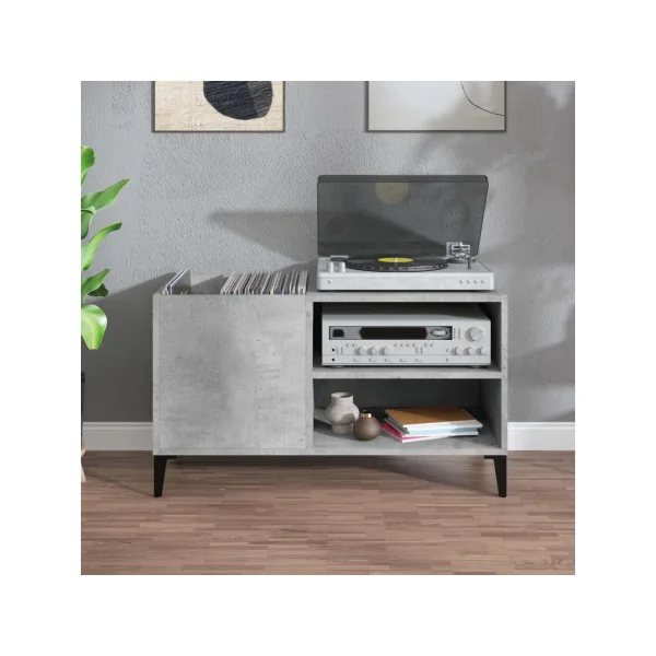 Meuble Bas Platine Vinyles Gris Béton avec Rangement Vinyles Armoire à Disques