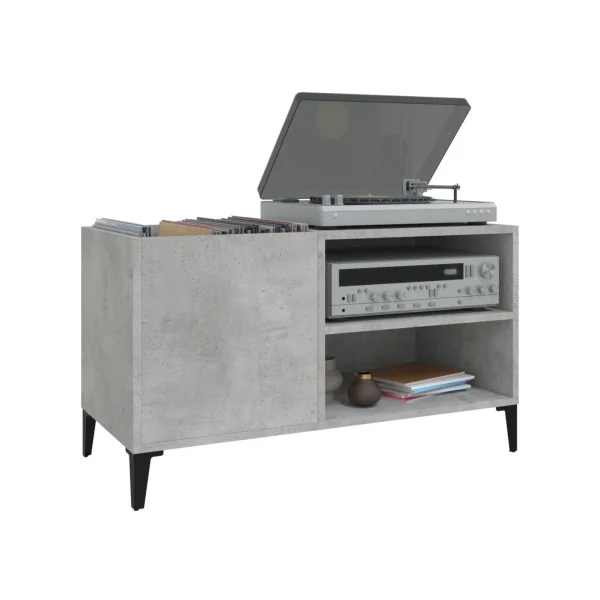 Meuble Bas Platine Vinyles Gris Béton avec Rangement Vinyles Armoire à Disques