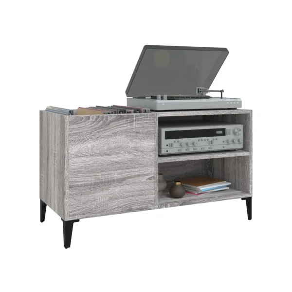 Meuble Bas Platine Vinyles Gris Chêne avec Rangement Vinyles Armoire à Disques
