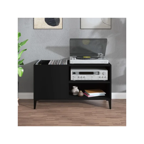 Meuble Bas Platine Vinyles Noir avec Rangement Vinyles Armoire à Disques