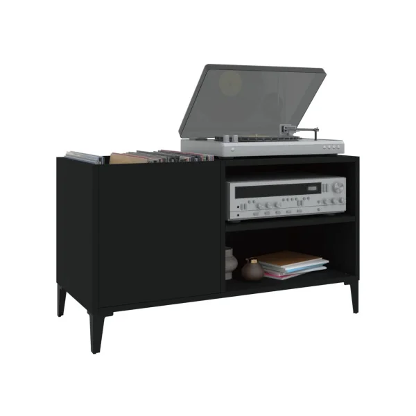 Meuble Bas Platine Vinyles Noir avec Rangement Vinyles Armoire à Disques