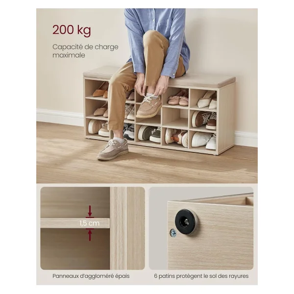 Meuble Chaussures 15 Compartiment Beige Chaussure avec Assise Rangement Chaussures