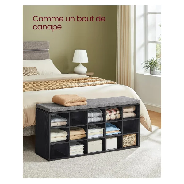 Meuble Chaussures 15 Compartiment Noir Boisé Chaussure avec Assise Rangement Chaussures