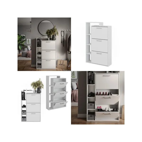 Meuble Chaussures 3 Abattants Blanc avec Compartiments Rangement Chaussures Meuble d'Entrée