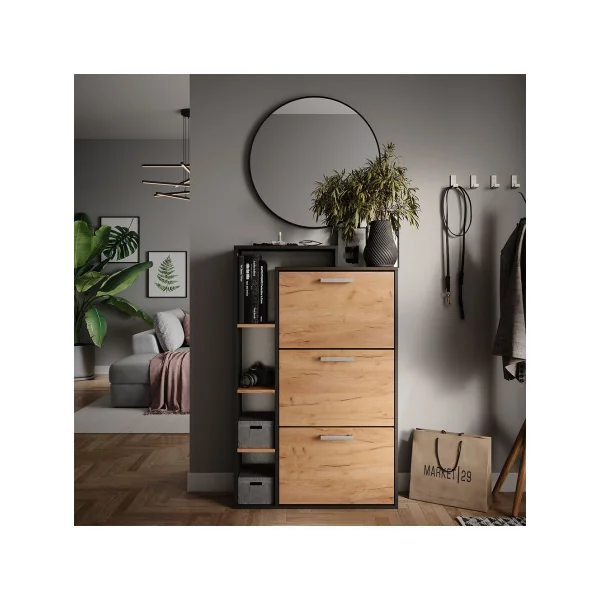 Meuble Chaussures 3 Abattants Chêne et Anthracite avec Compartiments Rangement Chaussures Meuble d'Entrée