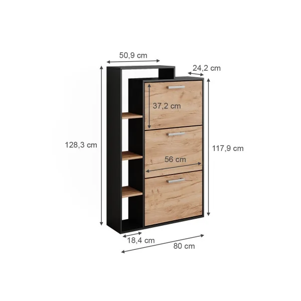 Meuble Chaussures 3 Abattants Chêne et Anthracite avec Compartiments Rangement Chaussures Meuble d'Entrée