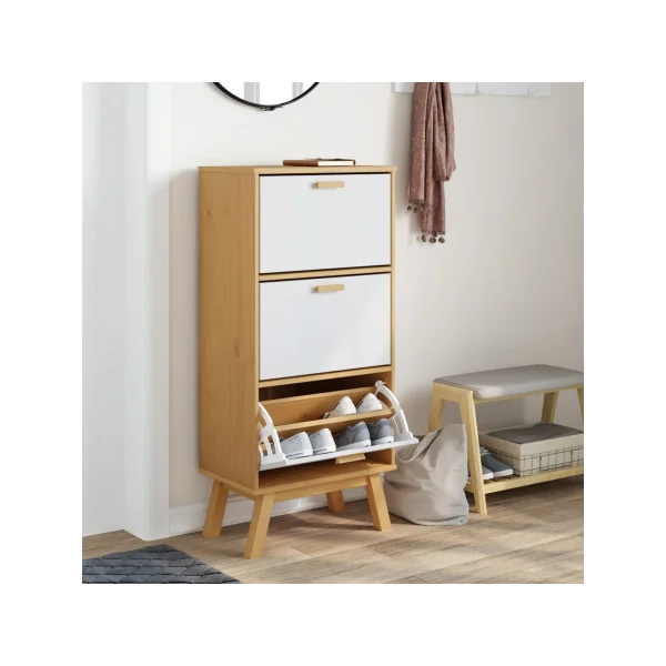 Meuble Chaussures 3 Abattants Rangement Chaussures Bois et Blanc Armoire Chaussure Pin Massif