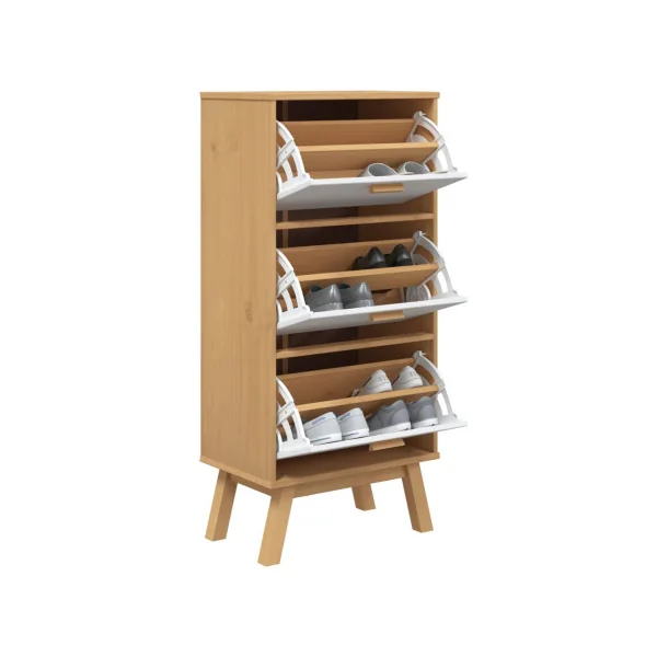 Meuble Chaussures 3 Abattants Rangement Chaussures Bois et Blanc Armoire Chaussure Pin Massif