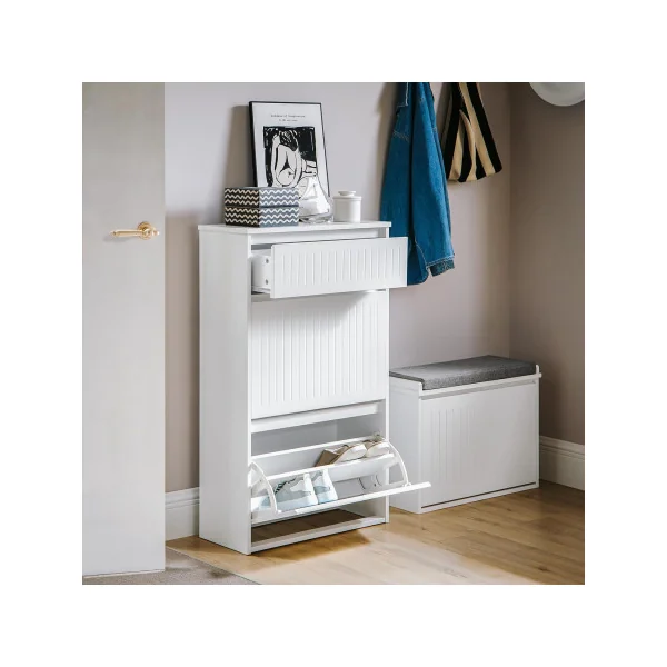 Meuble Chaussures Blanc Design 2 Abattants 1 Tiroir Meuble d'Entrée Rangement avec 2 Rabats