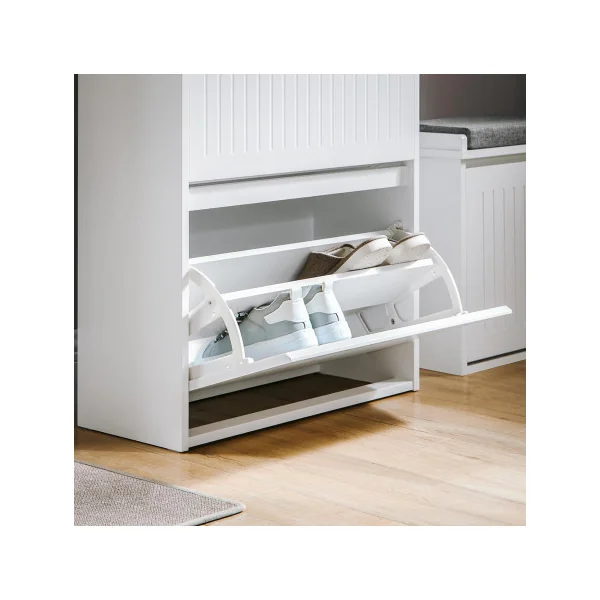 Meuble Chaussures Blanc Design 2 Abattants 1 Tiroir Meuble d'Entrée Rangement avec 2 Rabats