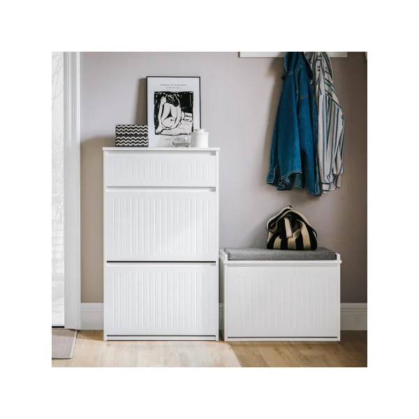 Meuble Chaussures Blanc Design 2 Abattants 1 Tiroir Meuble d'Entrée Rangement avec 2 Rabats
