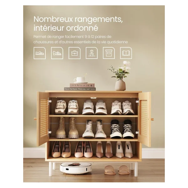 Meuble Chaussures Chêne 3 Niveaux Meuble d'Entrée Petit Mobilier de Salon Pieds Acier