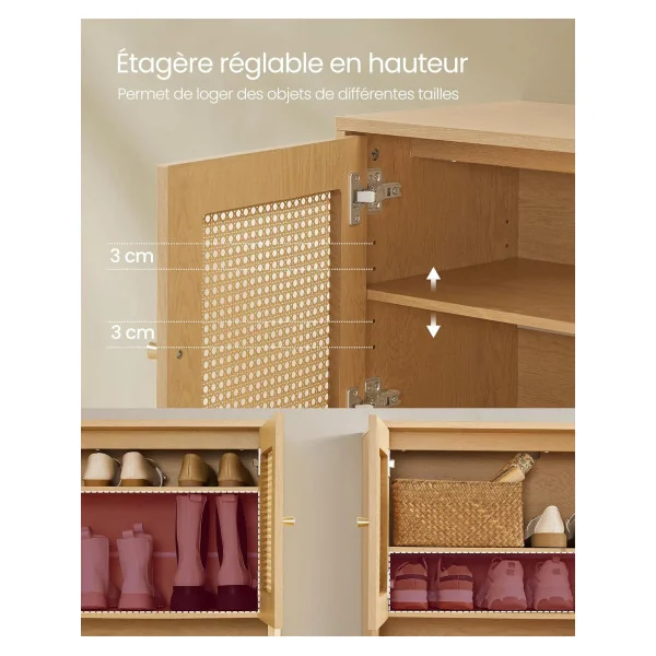 Meuble Chaussures Chêne 3 Niveaux Meuble d'Entrée Petit Mobilier de Salon Pieds Acier