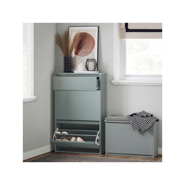 Meuble Chaussures Gris Design 2 Abattants 1 Tiroir Meuble d'Entrée Rangement avec 2 Rabats