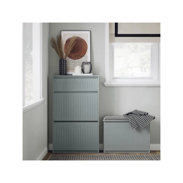 Meuble Chaussures Gris Design 2 Abattants 1 Tiroir Meuble d'Entrée Rangement avec 2 Rabats