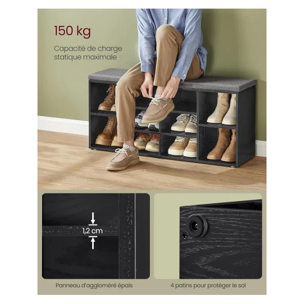 Meuble Chaussures Noir Boisé Chaussure avec Assise Rangement Chaussures