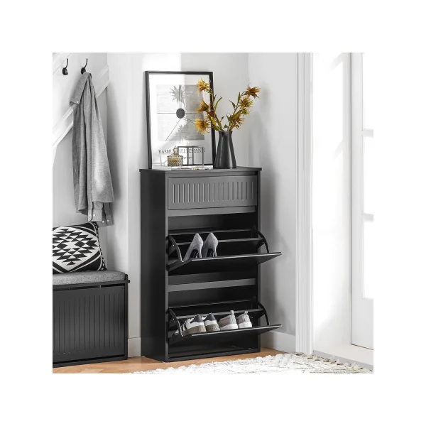 Meuble Chaussures Noir Design 2 Abattants 1 Tiroir Meuble d'Entrée Rangement avec 2 Rabats