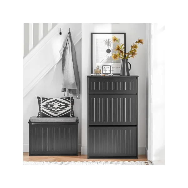 Meuble Chaussures Noir Design 2 Abattants 1 Tiroir Meuble d'Entrée Rangement avec 2 Rabats