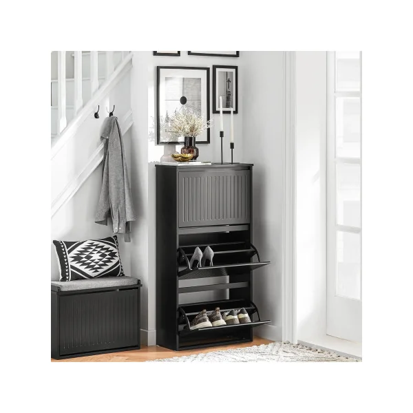 Meuble Chaussures Noir Design 3 Abattants Meuble d'Entrée Rangement avec 3 Rabats