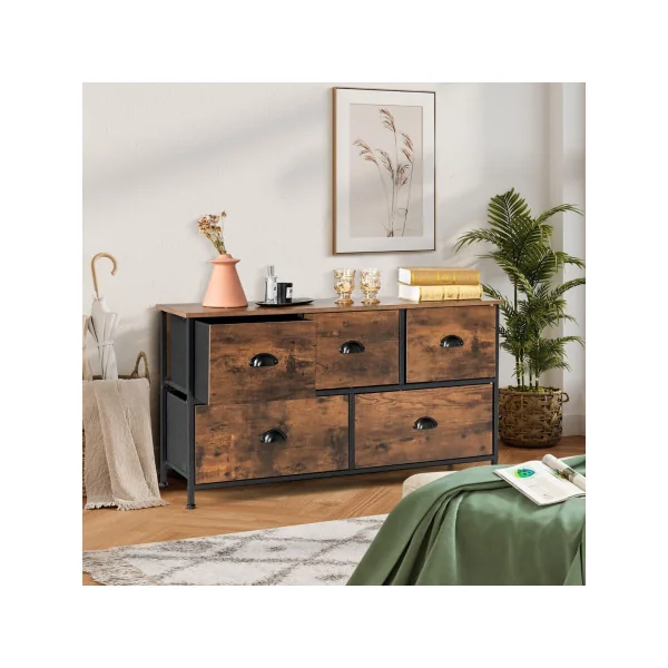 Meuble de Rangement Marron Rustique et Noir Commode avec 5 Tiroirs