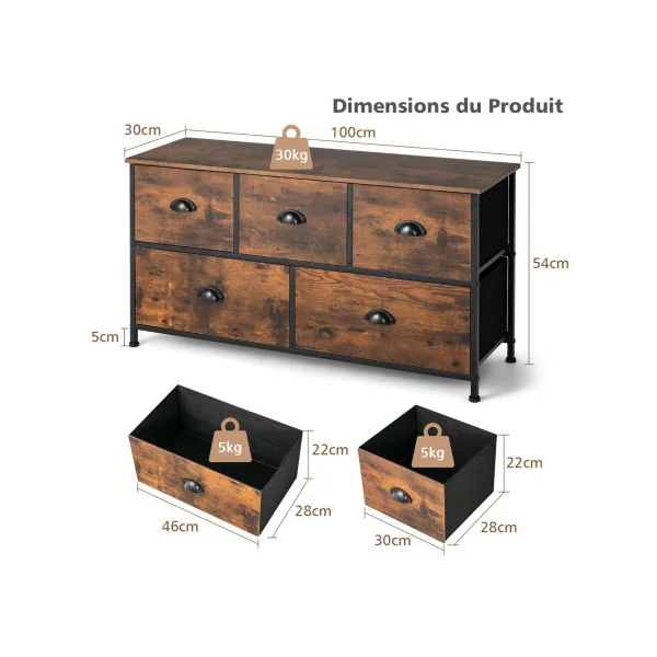 Meuble de Rangement Marron Rustique et Noir Commode avec 5 Tiroirs