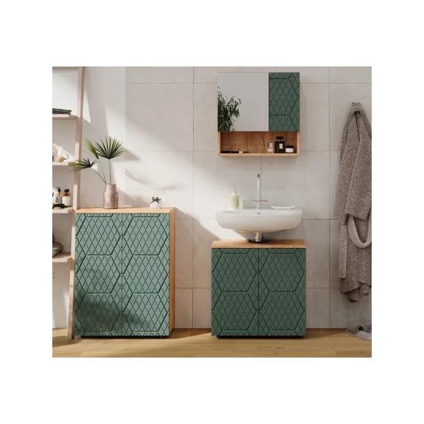 Meuble de Salle de Bain 2 Portes Chêne et Vert Armoire Basse Salle de Bain