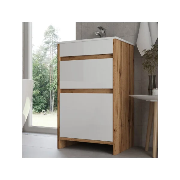 Meuble de Salle de Bain 50 cm avec Vasque 2 Tiroirs Blanc et Chêne Meuble avec Lavabo en Céramique