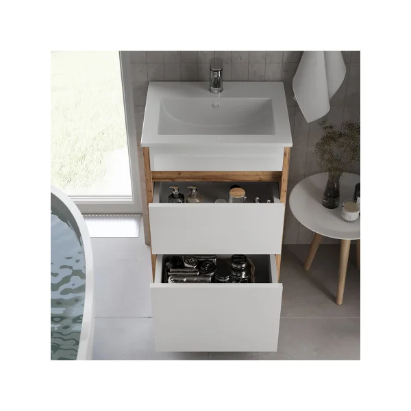 Meuble de Salle de Bain 50 cm avec Vasque 2 Tiroirs Blanc et Chêne Meuble avec Lavabo en Céramique