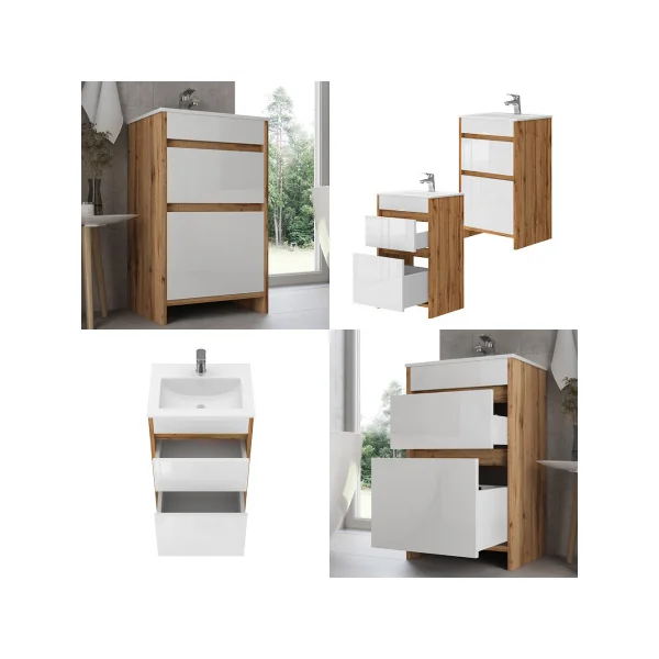 Meuble de Salle de Bain 50 cm avec Vasque 2 Tiroirs Blanc et Chêne Meuble avec Lavabo en Céramique