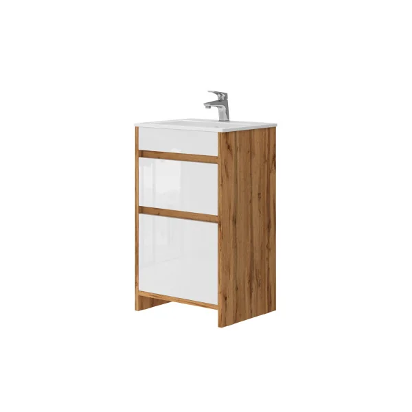 Meuble de Salle de Bain 50 cm avec Vasque 2 Tiroirs Blanc et Chêne Meuble avec Lavabo en Céramique