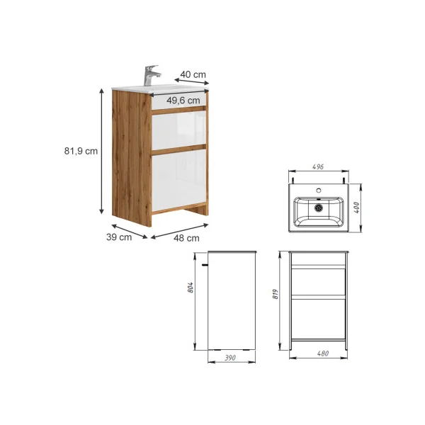 Meuble de Salle de Bain 50 cm avec Vasque 2 Tiroirs Blanc et Chêne Meuble avec Lavabo en Céramique