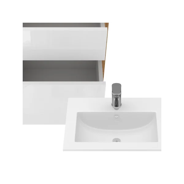Meuble de Salle de Bain 50 cm avec Vasque 2 Tiroirs Blanc et Chêne Meuble avec Lavabo en Céramique