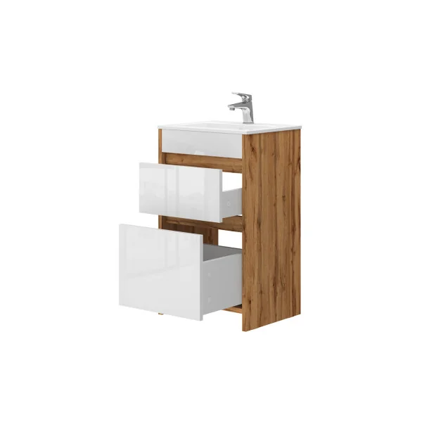 Meuble de Salle de Bain 50 cm avec Vasque 2 Tiroirs Blanc et Chêne Meuble avec Lavabo en Céramique